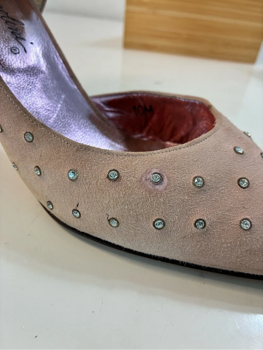 Garolini 10M Women’s Suede Pointed Toe Slip-On Rhinestone Pink Pumps Italy READ